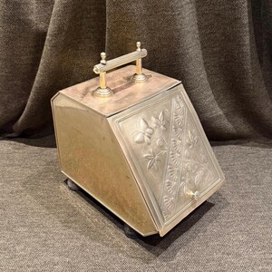 May include: A brass coal scuttle with a top handle and a slanted front panel. The front panel features an embossed design of a butterfly and floral patterns. The container is supported by four small feet and has a polished metallic finish.