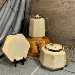 Vintage H J Wood Burslem Teapot Set | MCM Lustreware Afternoon Tea Collection | Opalescent Iridescent Pearlescent Gilded English Pottery