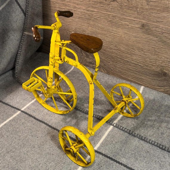 Vintage Bright Yellow Miniature Metal Toy Tricycle | Antique Small
