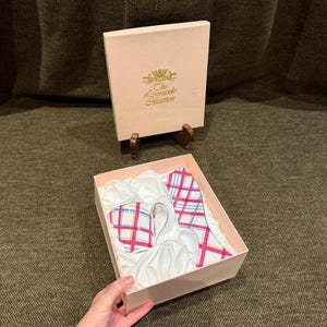 Vintage The Leonardo Collection Pink and Blue Checkered Tea Cup & Biscuit Plate Saucer Set in Original Box | Cuppa Tea and Cookie Gift Sets