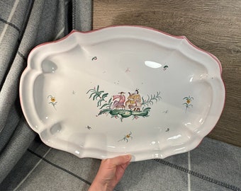 Vintage Hand Painted Oval Large Jumbo XXL French Faience 'Break of Day' Platter Tray | Hand Made Provincial Pottery Collectibles from France