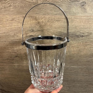 Vintage Cristal d'Arques Clear Crystal Ice Cube Bucket with Chrome Removable Handle | French Barware Collectibles | Stylish Drinks Trolley