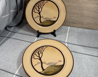 Vintage Denby Savoy Hand Crafted Fine Stoneware England Set of 2 Plates Designed by Thelma Hague | Rolling Hills and Small Cottage Landscape
