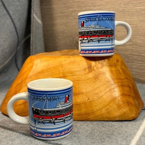 Vintage Queen Mary & Spruce Goose The Largest Wooden Airplane Ever Two Espresso Demitasse Coffee Mug Cups | Transatlantic Cruising Souvenirs