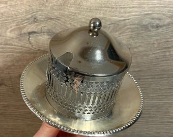 Vintage Silver Tone Chrome & Glass Traditional English Lidded Jam Jar | Collectible Pierced Design Preserve Marmalade Pot with Gadrooned Rim