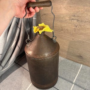 Vintage #5 Railway Large Kerosene Lamp Oil Can Container with Wood Slim Swing Handle | Rustic, Rusty & Patinated Industrial Old Memorabilia