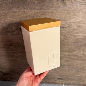 Preloved "C" Coffee Jar | Wood Lidded Square Cream Beige Colour Daily Kitchenalia Containers | Kitchen Worktop Canister Storage Essentials