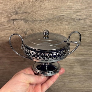 Vintage plaque chromée en acier inoxydable Sheffield Angleterre bleu cobalt insert en verre pot de confiture de miel avec cuillère (fr) Récipient de marmelade de sucre MCM