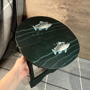 Vintage Hand Crafted Foldable Fish Chair | Dark Emerald Green Fisherman's Stool | Hand Painted Portable Rest | Retro Lake and Aquatic Decor