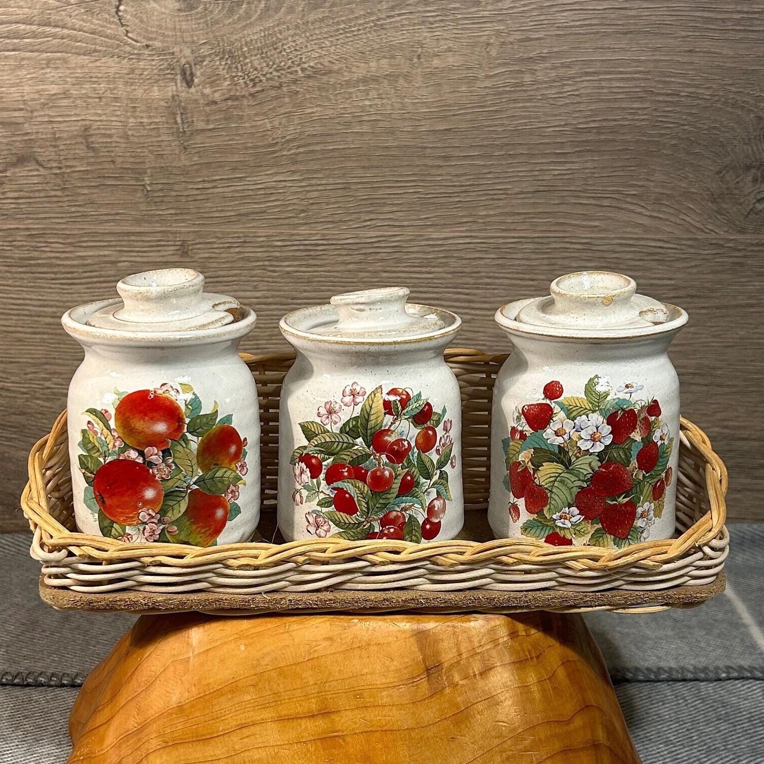 Vintage Red Strawberry, Apple and Cherry Transferware Country Cottage Trio of Slotted Lid Jars in Wicker Stand | Delicious Fruit and Berries