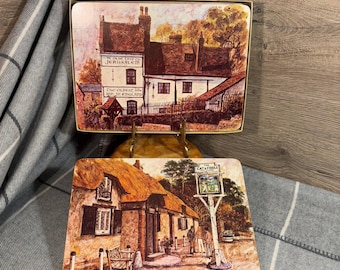 Vintage 1974 Alex Jawdokimov English Pubs Tablemats- Set of 6 in Original Box | MCM England Counties Old Traditional Country Boozers Artwork