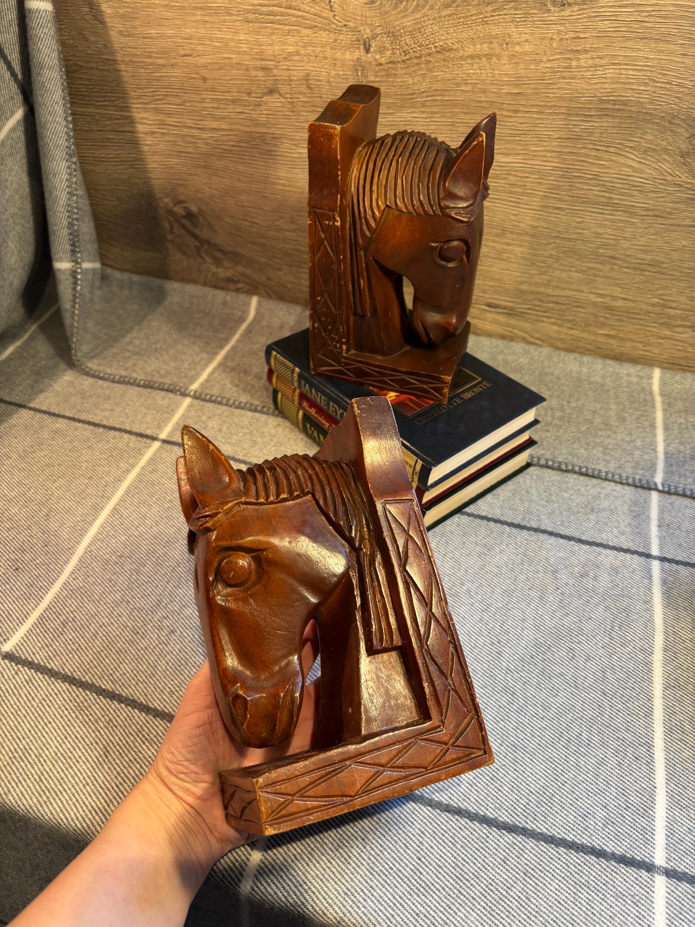 Vintage Hand Carved Large Pair of Horse Head Bust Bookends Made in
