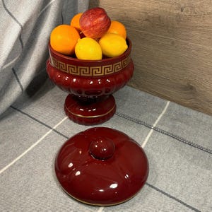 Vintage Large & Heavy Golden Greek Key Meander and Burgundy Round Ribbed Lidded Luxurious Pedestal Table Centrepiece | Grandeur Luxury Decor