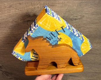 Vintage Hand Carved Whimsical Wooden Horse Pony Serviette & Napkin Holder | Natural Wood Desk Organiser Letter Rack | Equestrian Accessories