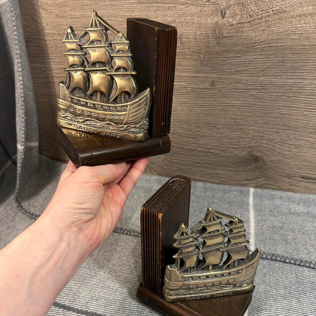 Vintage C1930 Solid Brass & Dark Wood Saucy Jane Ship Bookends ...