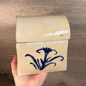 Vintage Hand Crafted & Painted Studio Pottery Rectangular Domed Lid Heavy Stoneware Box with Abstract Floral Blue Motif | Decor Collectibles