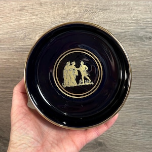 Vintage Hand Made in Griechenland Scheria 24k Gold Navy Farbe Sammler kleine Schüssel | Blaue Vergoldete Schale | Altgriechische Mythologie Art Home Decor
