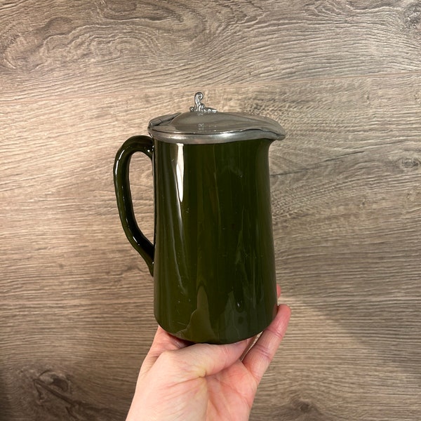 Vintage Antique Made in England Olive Green Pottery Ceramic Jug with Stylish Silver Tone Pewter Lid | Old English Kitchenalia Collectibles