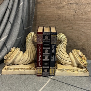 Sujetalibros vintage de gran tamaño con forma de cornucopia / Sujetalibros con forma de cuerno de la abundancia / Decoraciones de frutas y cosechas de los años 90 / Símbolo de abundancia y nutrición