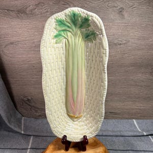 Vintage MCM Beswick England Long Oval Woven Rattan Wicker Basket Ceramic Textured Dish Depicting Celery in Pastel Garden Green Colour