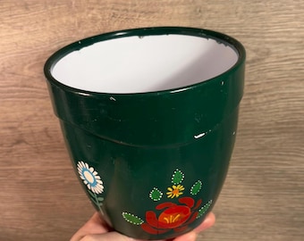 Vintage SK Ceramic Pottery Made in Germany Alpine Green Hand Painted Whimsical Little Flowers Planter | German Flower Pots | Shelf Accessory