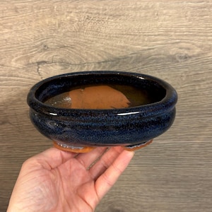 May include: A blue and brown oval ceramic bonsai pot with three small feet. The pot is glazed and has a speckled finish.
