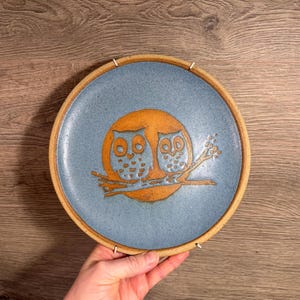 May include: A round, ceramic plate with a blue background and a brown rim. The plate features a design of two owls perched on a branch in front of a brown circle. The plate is approximately 10 inches in diameter.