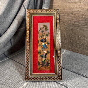 Vintage Hand Crafted Persian Khatam Micro Mosaic Inlaid Rectangular Battle Hunting Freestanding and Wall Hanging Art | Middle Eastern Decor