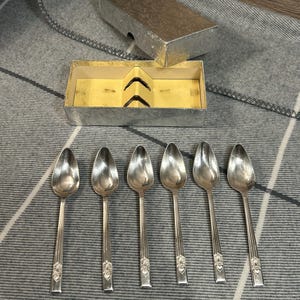 Könnte beinhalten: Ein Set aus sechs silberfarbenen Metalllöffeln mit länglichen Laffen und Griffen, die an der Basis mit einem floralen Motiv verziert sind. Die Löffel sind in einer Reihe unter einer rechteckigen, silberfarbenen Aufbewahrungsbox mit gelbem Inneneinsatz angeordnet.