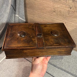 Vintage 2 Compartment Low Profile Lidded Hinged Footed Box | Old Versatile Storage Antiques | Table Top Desk Tidy Study & Office Companions