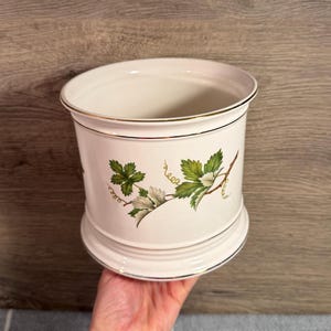 May include: A cylindrical white ceramic planter featuring a botanical illustration of green grape leaves and brown vines on the exterior. The rim and base are accented with a thin gold metallic trim, providing a refined finish to the vessel.