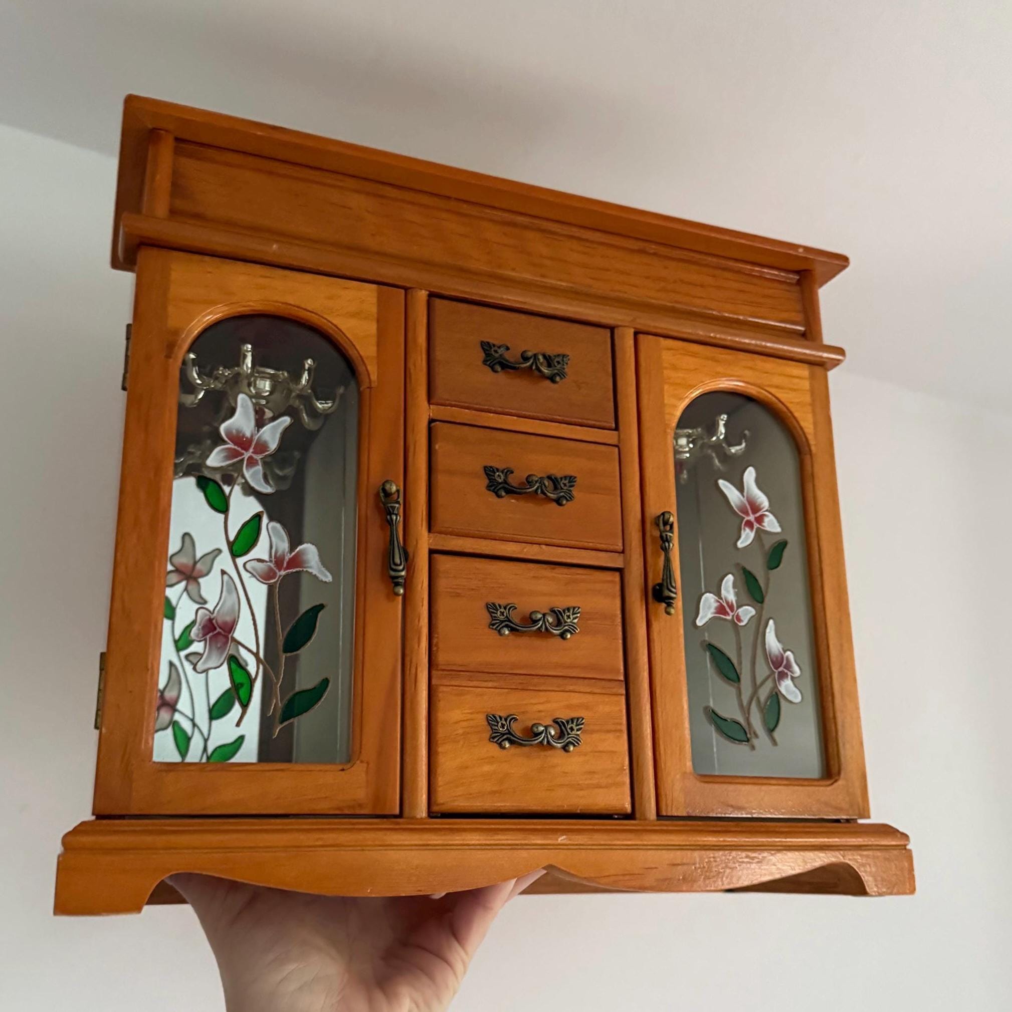 Vintage Kitsch Wooden Wardrobe Style Jewellery Box | 1990s Boudoir
