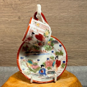 Vintage- with a Crack- Antique Japanese Eggshell Porcelain Geisha Girls Cup & Saucer Set| Oriental Floral Outdoor Scenes | Japan Collectible