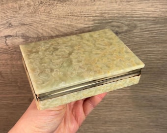 Joyero vintage rectangular con tapa abatible de ónix macizo, mármol y latón / Bandeja pesada de piedra natural para baratijas / Objeto de tocador retro coleccionable