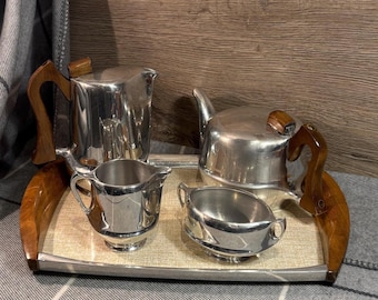 Vintage- Verfärbtes- Pickett Retro Tee-Set Tablett mit Griffen aus Platanen-Holz | MCM 1950er Jahre Englisch Tea Parties Dekor | Mid Century Wohn Dekor