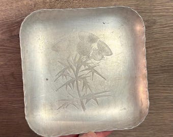 Bandeja cuadrada ligera de aluminio con grabado de cardo vintage / Recuerdo de colección con flores escocesas / Platos y cuencos retro pequeños