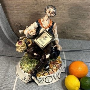 Vintage Collectible Large Capodimonte Porcelain Made in Italy Old Happy Smiley Drunk Tramp Man on Bench Enjoying Another Glass of Red Wine