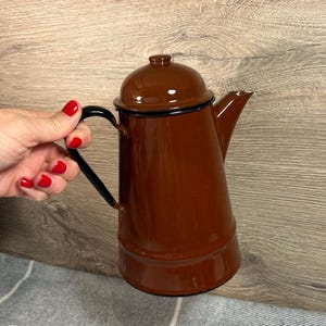 Vintage Mid Century Enamel Metal Polish Brown Coffee Pot | MCM Kitchenalia Made in Poland | Retro Enamelware Decor | Rustic European Kitchen
