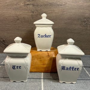 Vintage T. Delfts Bleau Holland Porzellan Mid Century Küchentheke Tee, Kaffee & Zucker Deckeldosen | Minimalistische, tägliche holländische Kitchenalia