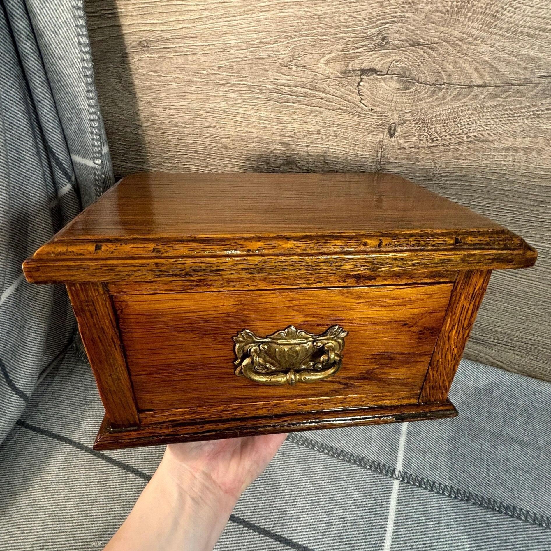 Vintage Hand Crafted Mini Table Top Single Drawer Brown Wood Cabinet Box | Antique Gentleman's Library Essentials | Old English Collectibles
