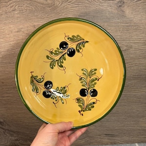 Vintage Hand Painted Mediterranean Yellow Bowl with Black Olives and Leaves | Salad and Fruit Serving Summer Dish | Foodie Kitchenalia Decor
