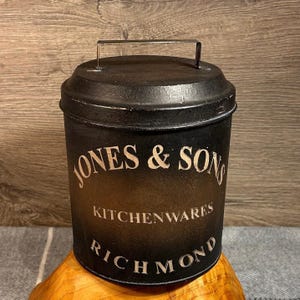 Vintage Jones and Sons Kitchenware Richmond Lidded Rustic Round Tin | Collectible Kitchenalia Tin with Lid | Industrial Home Decor Accessory