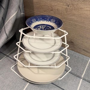 Vintage Minimalist Off White Plastic Coated 4 Tier Plates Rack Holder Stand | Kitchenalia Essentials | Corner Crockery Shelving and Stacking