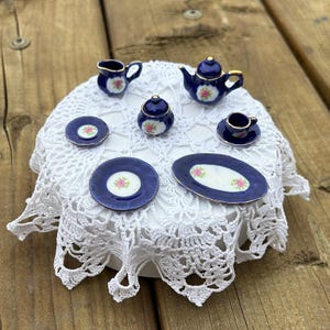 Vintage Dolls House Miniature Fine Bone China Made in England Blue and Pink Rose Design Tea Set | Glazed Mini Tableware Porcelain Ceramic