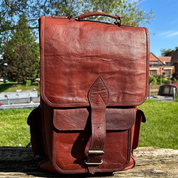 Vintage Handmade Tan Brown Leather Rucksack and Crossbody Bag | Worn Large Genuine Leather Rucksack Backpack | Big Crossbody with Pockets