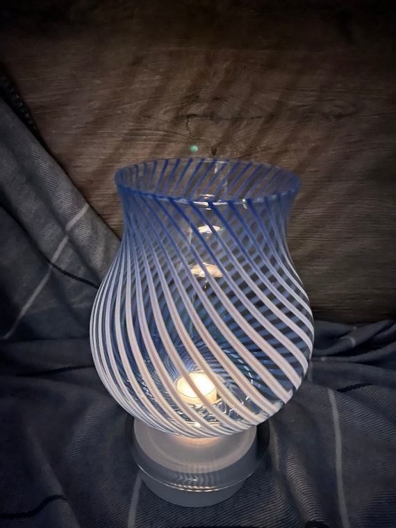 Vintage Murano Glass Swirling Cobalt Blue & Clear Ribbon Stripe Italian Art  Large Tall Footed Bowl Centrepiece Vase Candle Tealight Holder 