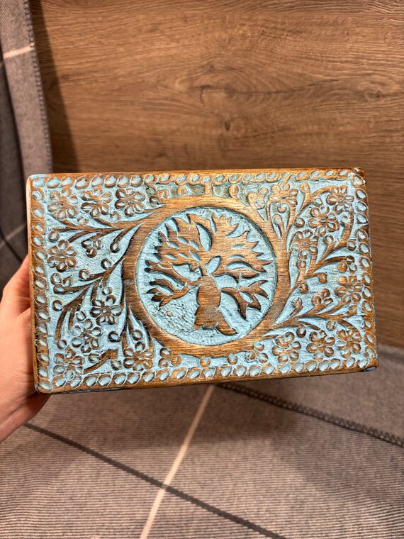 Vintage Hand Carved Wooden Rectangular Turquoise … - image 4