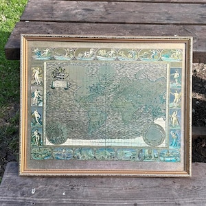Carte du monde vintage Moses Pitt 1681 encadrée - Nova Totius Terrarum Orbis - feuille d'or | Grande tenture murale | Décoration d'intérieur classique intemporelle