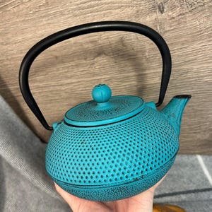 Puede incluir: Una tetera de hierro fundido azul turquesa con un asa negra y una superficie texturizada. La tetera tiene un cuerpo redondo y un pequeño pico.