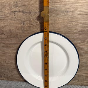 Pode incluir: Um prato redondo de esmalte branco com uma borda azul escura. Uma r&eacute;gua dobr&aacute;vel de madeira est&aacute; posicionada verticalmente sobre o centro do prato, mostrando um di&acirc;metro de aproximadamente 25,4 cm da borda superior &agrave; inferior.